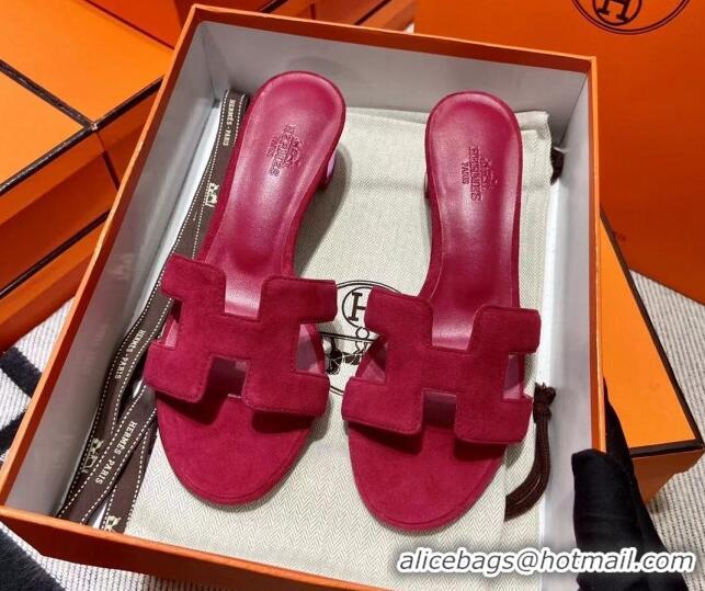 Top Grade Hermes Classic Suede Medium Heel Slide Sandals 4.5cm Fuchsia 2110204