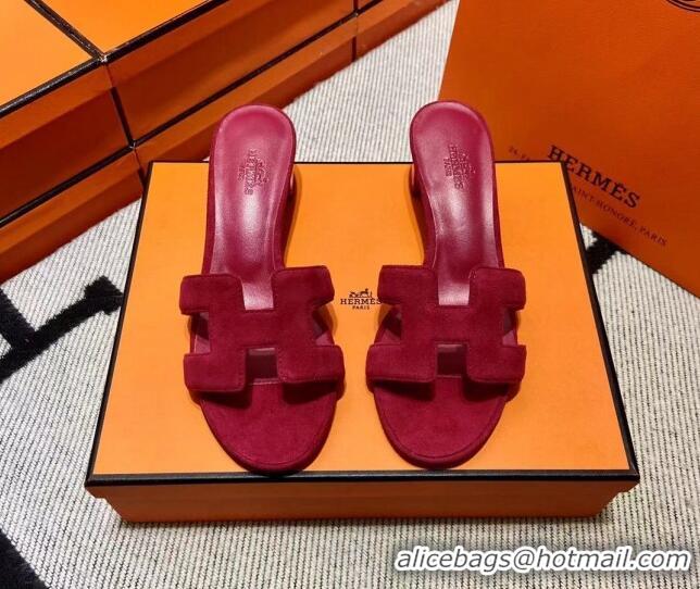 Top Grade Hermes Classic Suede Medium Heel Slide Sandals 4.5cm Fuchsia 2110204