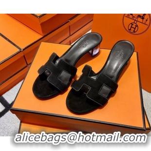 Good Quality Hermes Classic Suede Medium Heel Slide Sandals 4.5cm Black 2110205