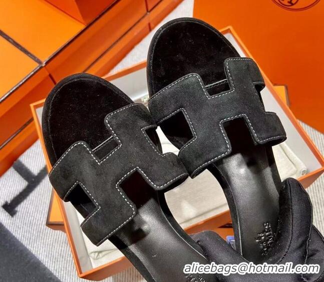 Good Quality Hermes Classic Suede Medium Heel Slide Sandals 4.5cm Black 2110205