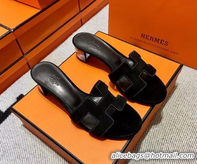 Good Quality Hermes Classic Suede Medium Heel Slide Sandals 4.5cm Black 2110205