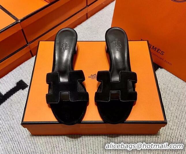 Good Quality Hermes Classic Suede Medium Heel Slide Sandals 4.5cm Black 2110205