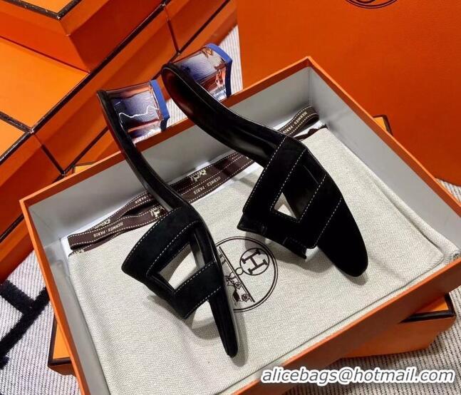 Good Quality Hermes Classic Suede Medium Heel Slide Sandals 4.5cm Black 2110205