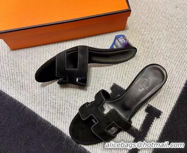 Good Quality Hermes Classic Suede Medium Heel Slide Sandals 4.5cm Black 2110205