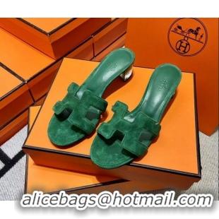 Grade Quality Hermes Classic Suede Medium Heel Slide Sandals 4.5cm Green 2110206