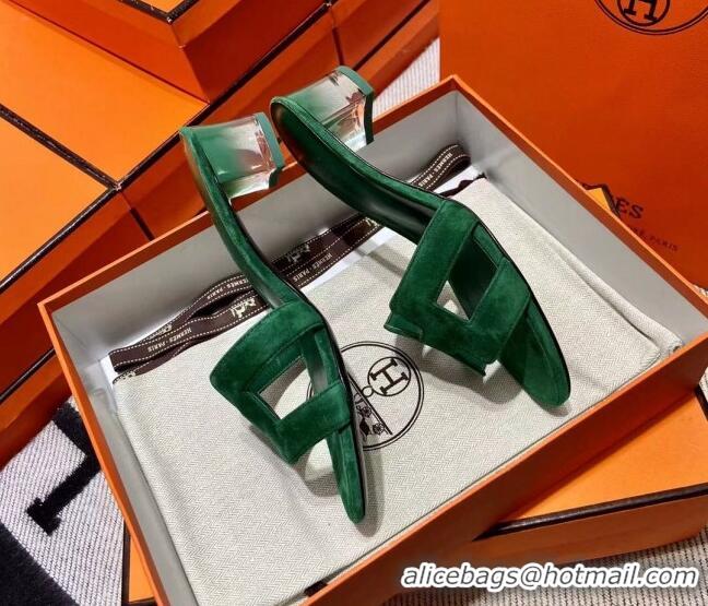 Grade Quality Hermes Classic Suede Medium Heel Slide Sandals 4.5cm Green 2110206