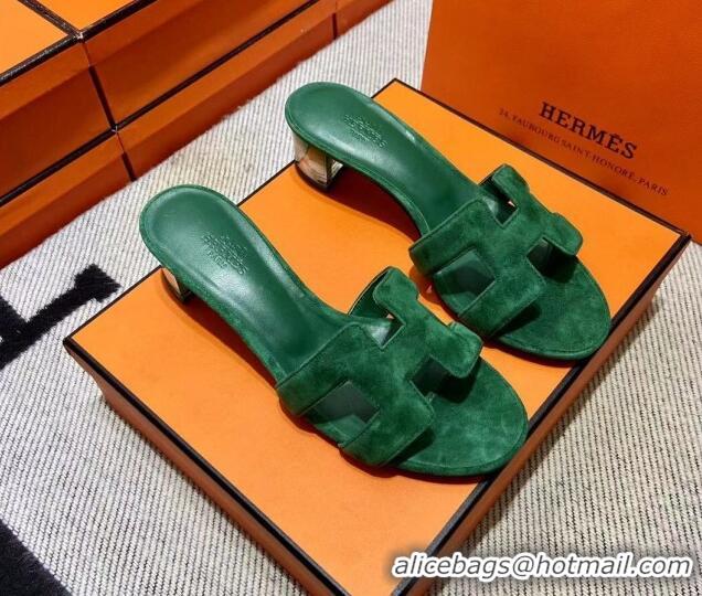 Grade Quality Hermes Classic Suede Medium Heel Slide Sandals 4.5cm Green 2110206