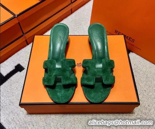 Grade Quality Hermes Classic Suede Medium Heel Slide Sandals 4.5cm Green 2110206