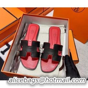 Best Grade Hermes Classic Smooth Calfskin Flat Slide Sandals Black/Red 2110211