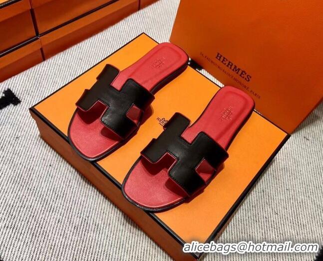 Best Grade Hermes Classic Smooth Calfskin Flat Slide Sandals Black/Red 2110211