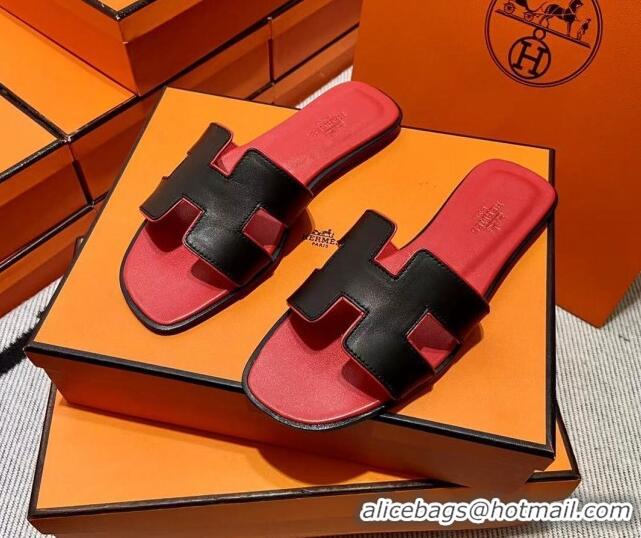 Best Grade Hermes Classic Smooth Calfskin Flat Slide Sandals Black/Red 2110211