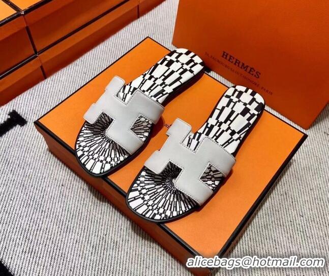 Top Design Hermes Classic Smooth Calfskin Flat Slide Sandals White 2110209