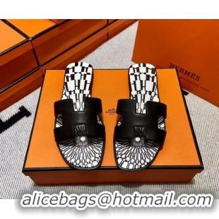 Durable Hermes Classic Smooth Calfskin Flat Slide Sandals Black/White 2110210