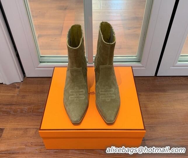 Fashion Hermes Suede Medium Heel Ankle Boots 7cm Green 2110212