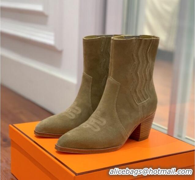 Fashion Hermes Suede Medium Heel Ankle Boots 7cm Green 2110212