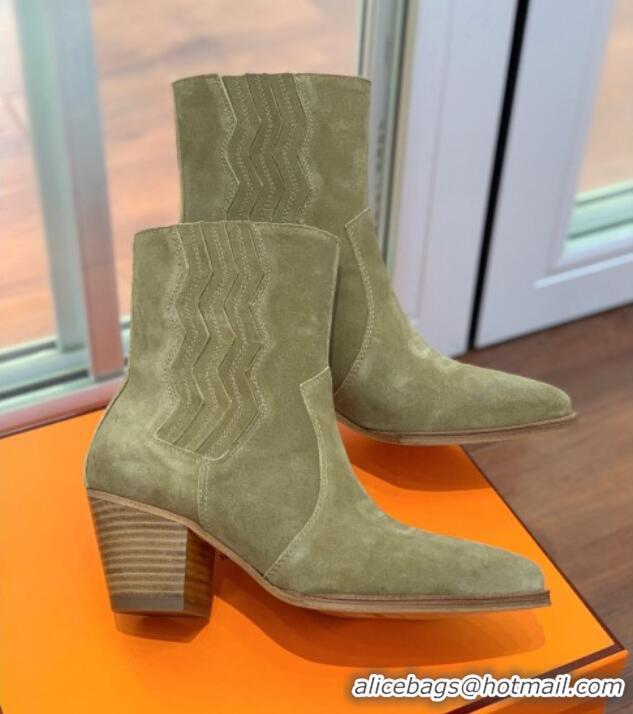 Fashion Hermes Suede Medium Heel Ankle Boots 7cm Green 2110212