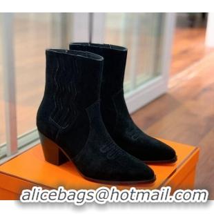 Luxury Hermes Suede Medium Heel Ankle Boots 7cm Black 2110213