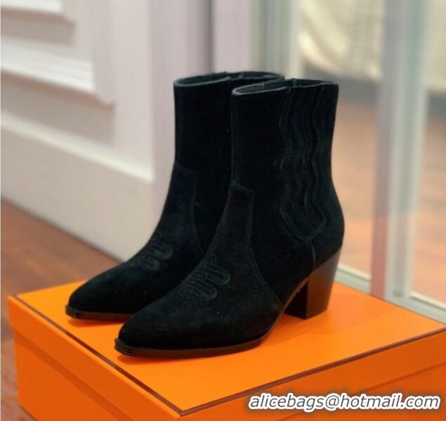 Luxury Hermes Suede Medium Heel Ankle Boots 7cm Black 2110213