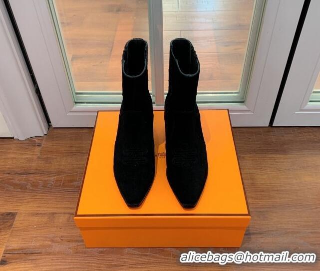 Luxury Hermes Suede Medium Heel Ankle Boots 7cm Black 2110213