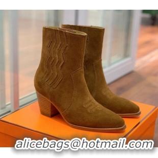 Shop Duplicate Hermes Suede Medium Heel Ankle Boots 7cm Brown 110214