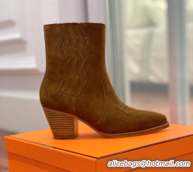 Shop Duplicate Hermes Suede Medium Heel Ankle Boots 7cm Brown 110214