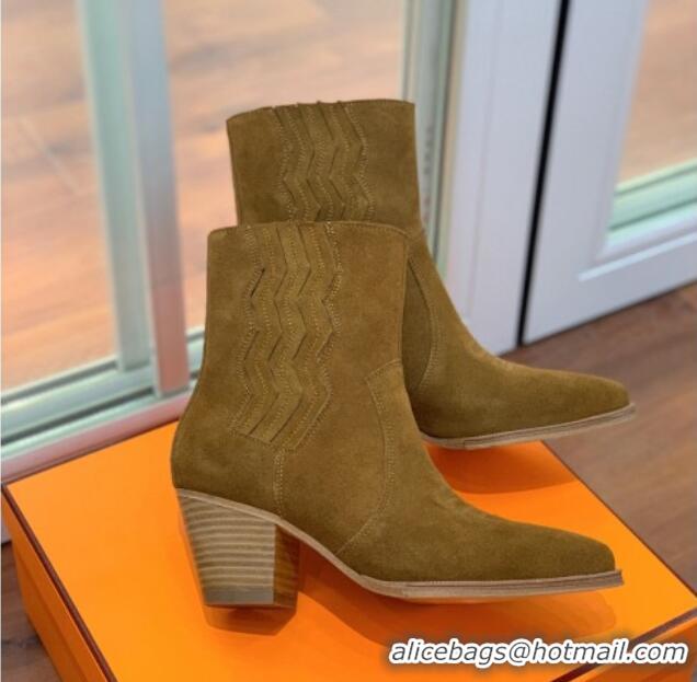 Shop Duplicate Hermes Suede Medium Heel Ankle Boots 7cm Brown 110214