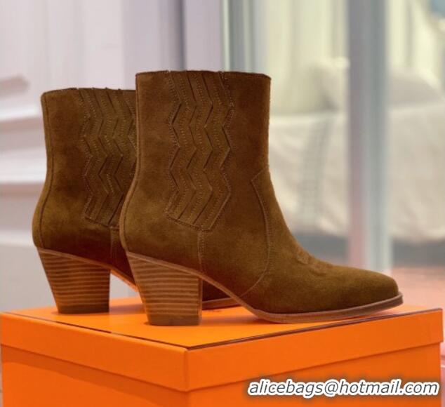 Shop Duplicate Hermes Suede Medium Heel Ankle Boots 7cm Brown 110214