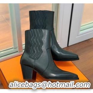 Sophisticated Hermes Calfskin Medium Heel Ankle Boots 7cm Black 110215