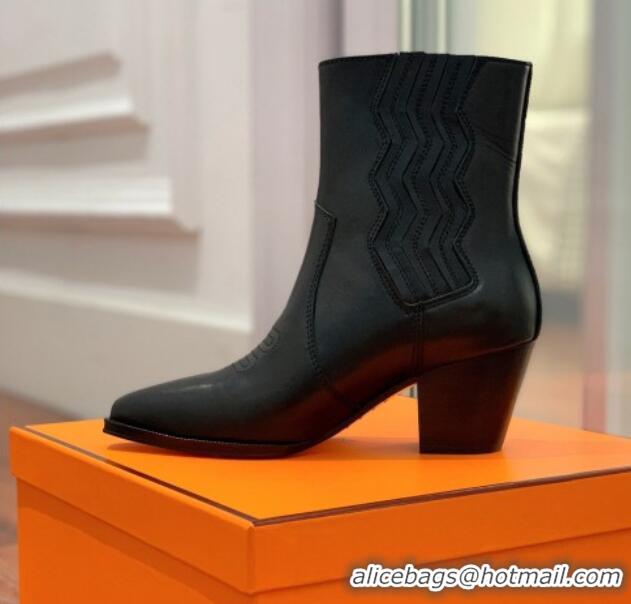 Sophisticated Hermes Calfskin Medium Heel Ankle Boots 7cm Black 110215