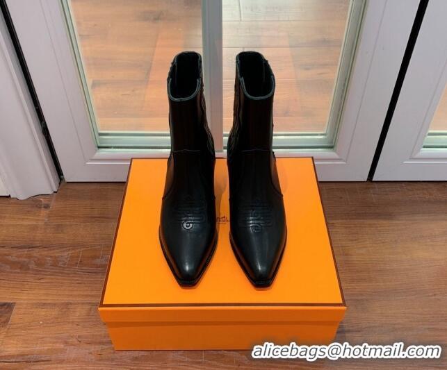 Sophisticated Hermes Calfskin Medium Heel Ankle Boots 7cm Black 110215