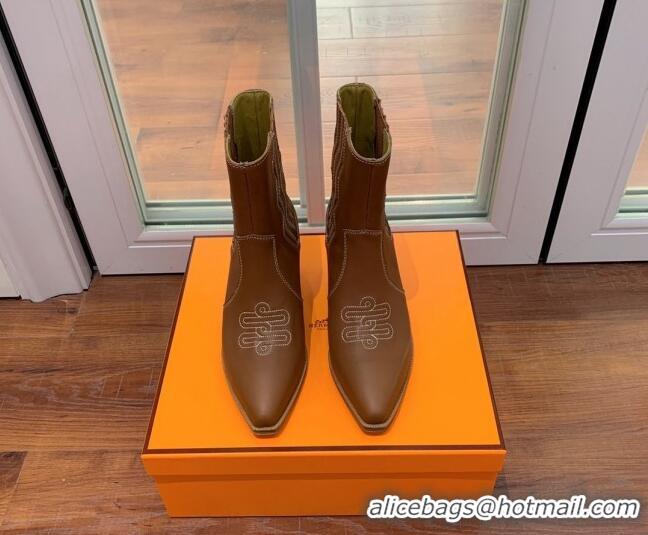 Best Price Hermes Calfskin Medium Heel Ankle Boots 7cm Brown 2110216