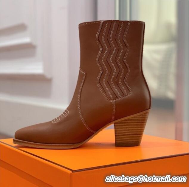 Best Price Hermes Calfskin Medium Heel Ankle Boots 7cm Brown 2110216