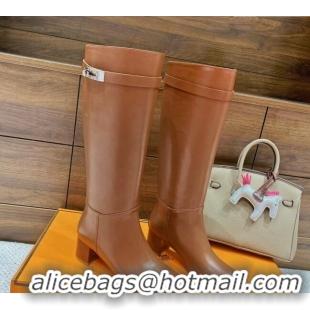 Good Quality Hermes Kelly High Boots in Smooth Leather Brown 110428