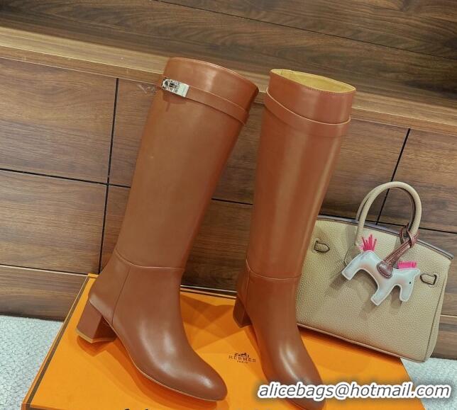 Good Quality Hermes Kelly High Boots in Smooth Leather Brown 110428