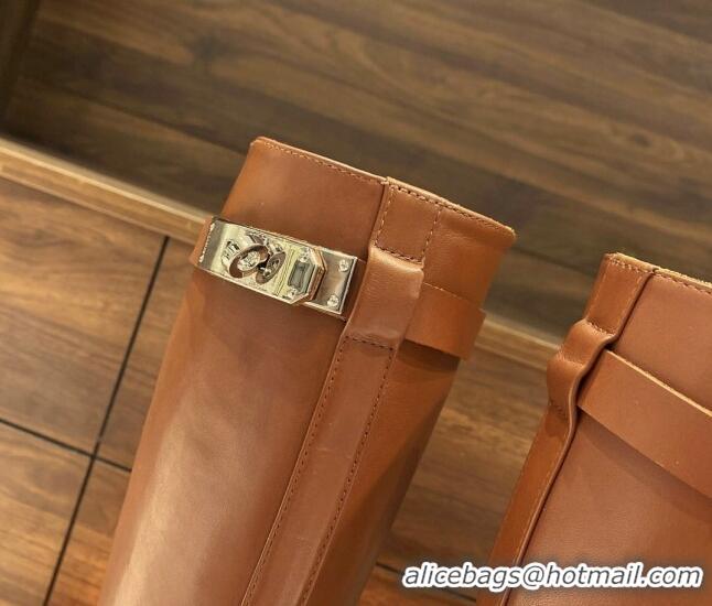 Good Quality Hermes Kelly High Boots in Smooth Leather Brown 110428