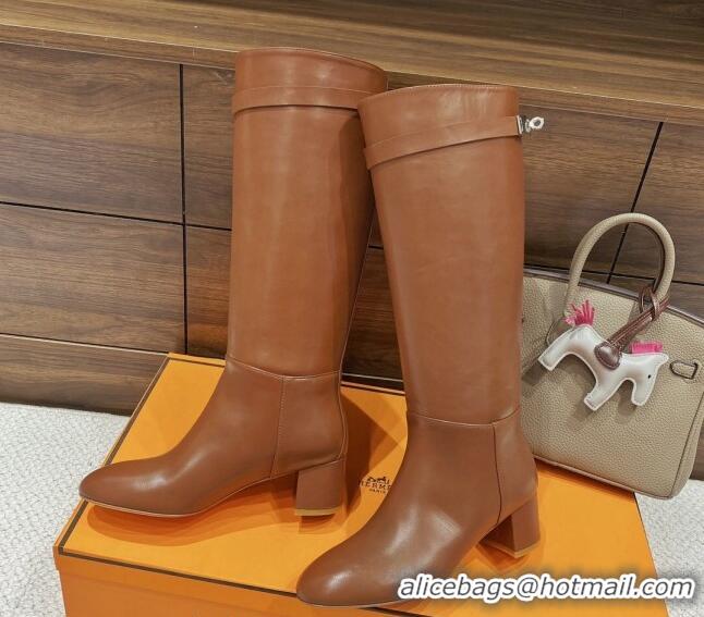 Good Quality Hermes Kelly High Boots in Smooth Leather Brown 110428