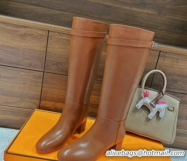 Good Quality Hermes Kelly High Boots in Smooth Leather Brown 110428