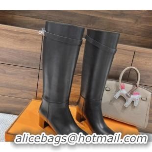 Luxury Hermes Kelly High Boots in Smooth Leather Black 110429