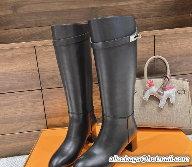 Luxury Hermes Kelly High Boots in Smooth Leather Black 110429