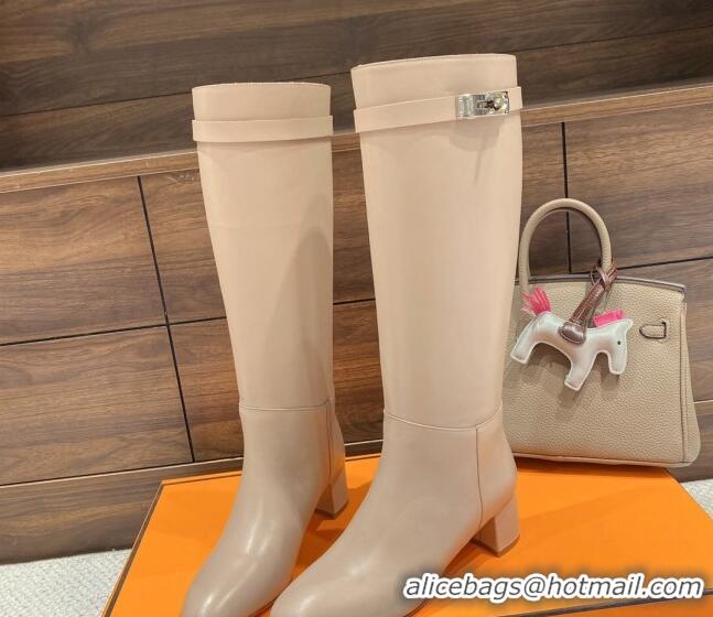 Top Grade Hermes Kelly High Boots in Smooth Leather Beige 110430