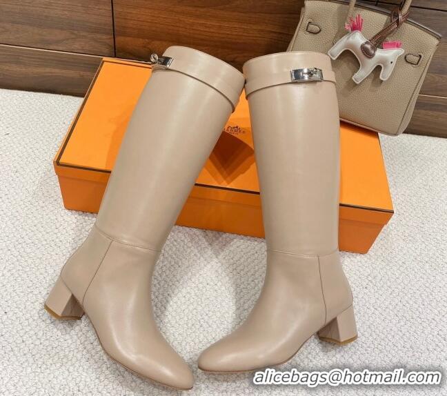 Top Grade Hermes Kelly High Boots in Smooth Leather Beige 110430