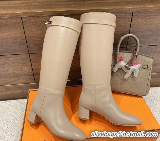 Top Grade Hermes Kelly High Boots in Smooth Leather Beige 110430