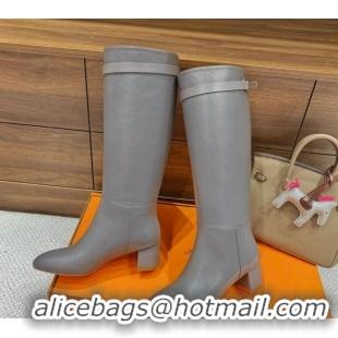 Top Grade Hermes Kelly High Boots in Smooth Leather Grey 110431