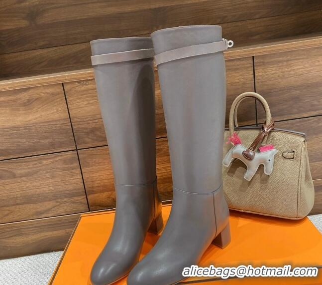 Top Grade Hermes Kelly High Boots in Smooth Leather Grey 110431