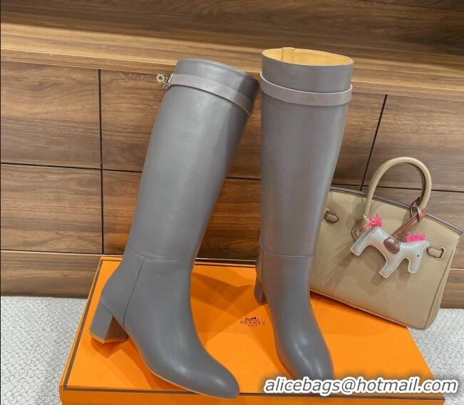 Top Grade Hermes Kelly High Boots in Smooth Leather Grey 110431