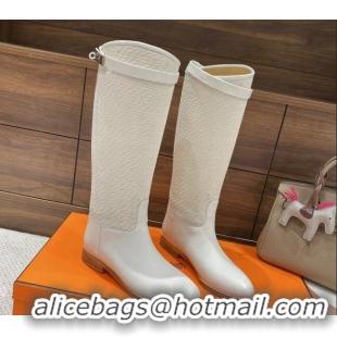 Stylish Hermes Kelly High Boots in Kint and Leather White 110432