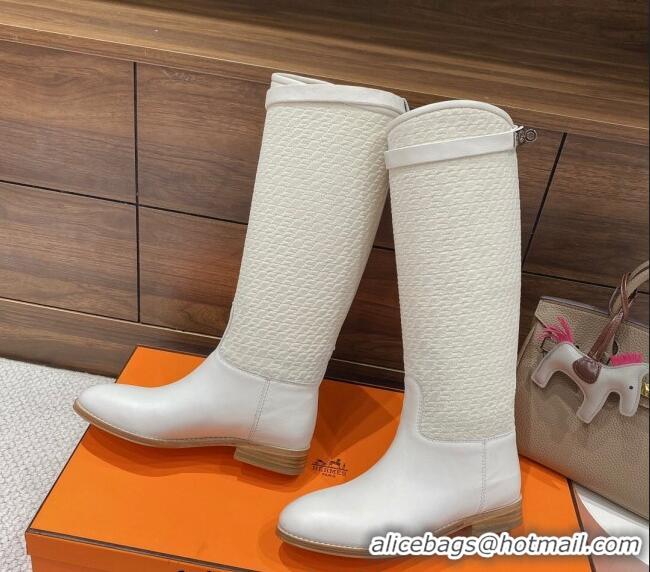 Stylish Hermes Kelly High Boots in Kint and Leather White 110432