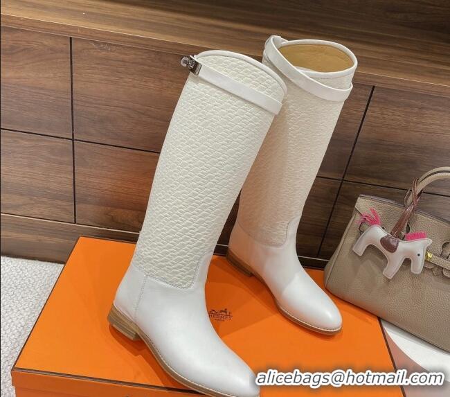 Stylish Hermes Kelly High Boots in Kint and Leather White 110432