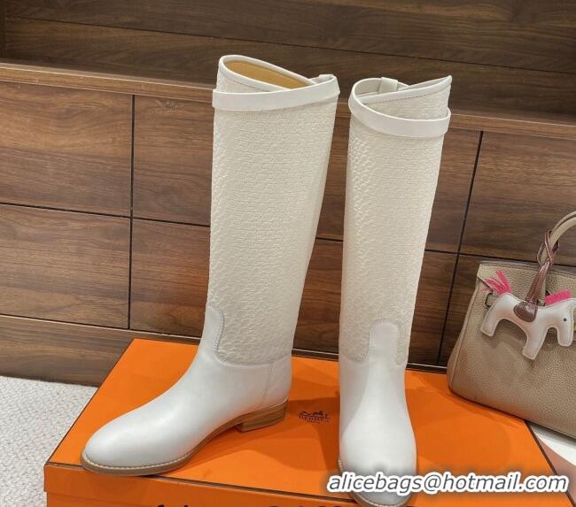 Stylish Hermes Kelly High Boots in Kint and Leather White 110432