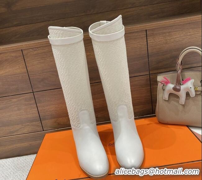 Stylish Hermes Kelly High Boots in Kint and Leather White 110432